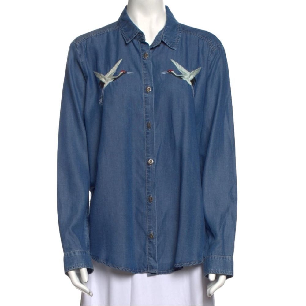 THE KOOPLES Embroidered Crane Long Sleeve Button Up Lyocell Chambray Shirt